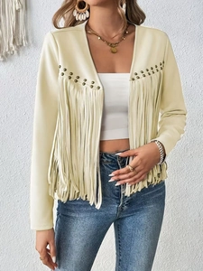 Close-up of fringe detailing and gold studs on cream suede long-sleeve open cardigan