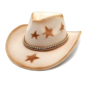 Detail of beige wool cowboy hat with brown stars, gold bead chain and braided rope band