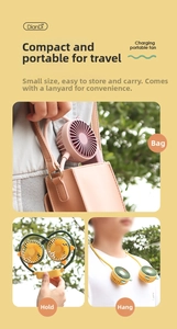 Detail view of the portable neck fan showing hand-held and hanging usage modes