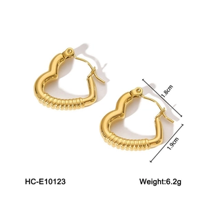Detailed view of gold heart earrings with size 1.8cm by 1.9cm and 6.2g weight specs