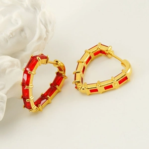 18K gold-plated heart-shaped hoop earrings with red baguette zircon stones