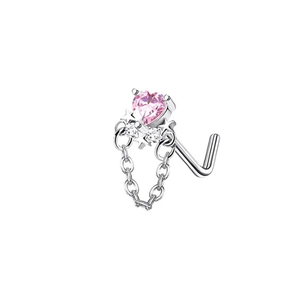 Piercing al naso a L in argento con zircone a cuore rosa e catena con stella
