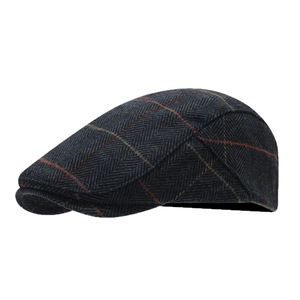 Classic navy blue herringbone flat cap for men with subtle red plaid pattern detail