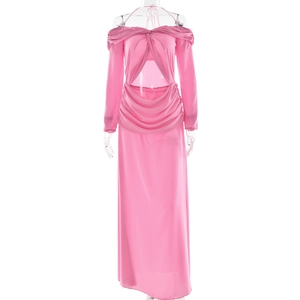 Pink off-the-shoulder long sleeve maxi dress with waist cut-outs and pleated details