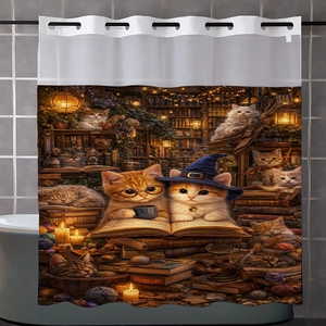 Polyester shower curtain featuring cat library print with metal grommets and white rings