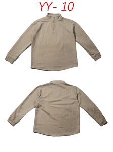 Detail view of khaki waffle knit texture and half-zip collar on men's casual pullover