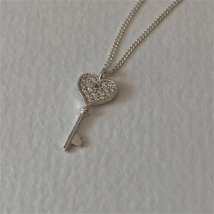 Heart Key Pendant Necklace 925 Sterling Silver Sparkling Zircon Inlaid Dainty Minimalist Jewelry For Women