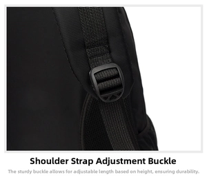 Detail of durable plastic shoulder strap adjustment buckle on black business backpack