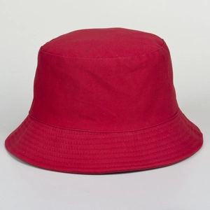 Detail of red cotton canvas bucket hat showing decorative stitching on the wide brim