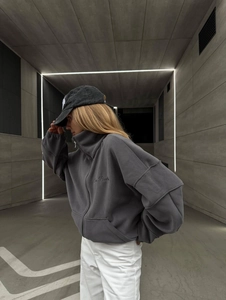 Women's dark grey polar fleece zip-up jacket with embroidery in a loose streetwear fit