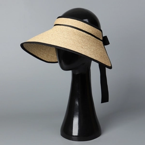 Handmade raffia open top sun hat with large brim and black silk bow for women