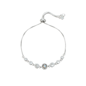 Silver adjustable box chain bracelet with sparkling crystals and iridescent moonstone