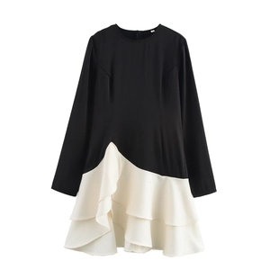 Robe Courte À Volants Contrastés Col Rond Manches Longues Sans Mangues Ligne A Pour Femme