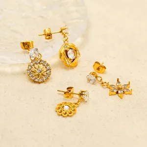 18k gold plated stainless steel flower and star stud earrings set with zircons
