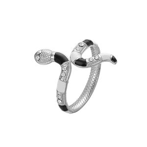 Adjustable silver snake ring with black and white enamel finish and sparkling crystals