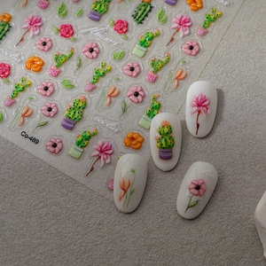 5D embossed cactus and pink rose nail art stickers with vivid 3D relief textures