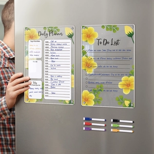 Magnetic acrylic weekly fridge calendar set with yellow flowers and six color markers