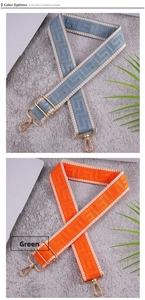 Detail of adjustable woven straps with geometric patterns and golden metal hooks