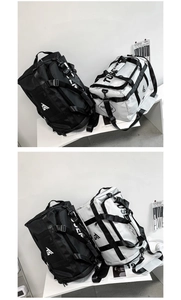 Detail of waterproof Oxford fabric bags in black and white with high-capacity design