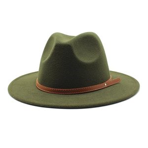 Detailed close-up of army green wool fedora hat featuring a brown leather decorative band