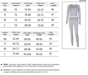 Size chart for yoga set with measurements in cm for long sleeve top and pants