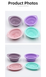 Collapsible silicone makeup brush cleaning bowls in four colors showing folded and open states