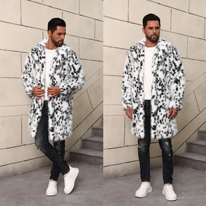 Manteau en fausse fourrure pour homme avec imprimé léopard, col à revers et coupe longue
