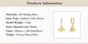 S925 sterling silver bee huggie earrings with cubic zirconia and 9mm inner diameter