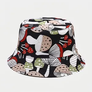 Close-up of black cotton bucket hat featuring colorful all-over cartoon mushroom prints