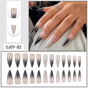 Long stiletto press-on nails with grey ombre gradient and silver glitter, 24 piece set