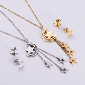 Star and moon jewelry set with tassel necklace and stud earrings in gold and silver