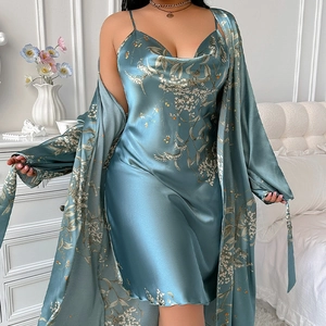 Elegant floral satin pajama set with spaghetti strap dress and long sleeve robe