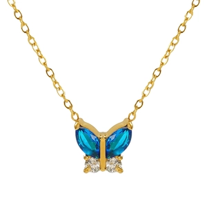 18k gold butterfly necklace with blue and white zircon crystals on a delicate chain