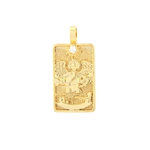 Detailed view of a gold-plated rectangular tarot pendant with angel relief and clear zircon