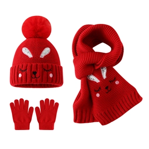 Kids red winter knit set with bunny face embroidery, warm hat, scarf and mittens