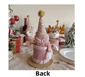Rear view of pink sequin Santa and reindeer plush gift boxes on a holiday table