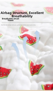 Macro view of six-layer cotton gauze washcloth with breathable air-pocket texture and watermelon print