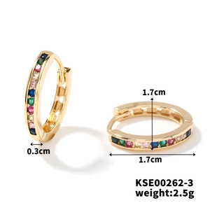 Dettaglio orecchino a cerchio con zirconi colorati, diametro 1,7 cm, larghezza 0,3 cm