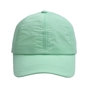 Detail of mint green quick-dry hat visor with high-quality parallel stitching texture