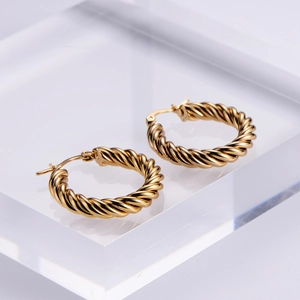 Classic golden twisted rope hoop earrings with high-gloss metallic finish for women
