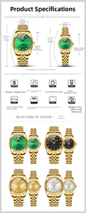 Detailed size chart and technical specifications for gold quartz couple watches