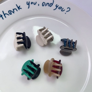 Close-up of five mini acetate hair claws in various colors displayed on a white ceramic plate