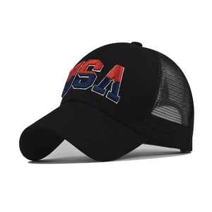 Black cotton mesh baseball cap with red and blue USA 3D embroidery on front view