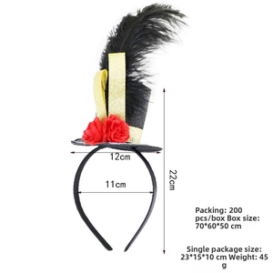 Detail of gothic mini top hat headband with black feathers and red roses for Halloween