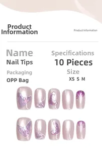 Detail view of pearlescent pink mermaid tail press-on nails with purple butterfly wings