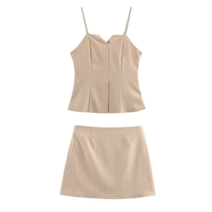 Haut À Bretelles Rayé Femme Et Mini-Jupe Trapèze Sexy Dos Nu Col En V Style Français Tenues D'été Coupe Ajustée
