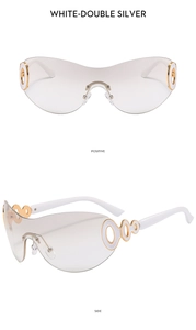 Detail of white Y2K rimless sunglasses with dual-tone metal rings and gray lenses
