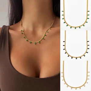 Snake Chain Necklace Stainless Steel Baguette Cubic Zirconia Tassel Pendant Choker Street Style Retro Jewelry For Women