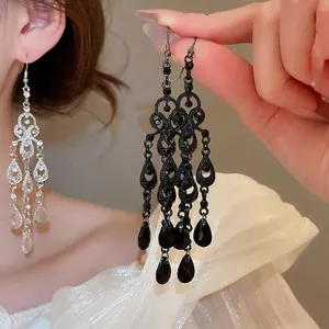 Vintage Palace Hollow Water Drop Chandelier Earrings With Silver Earring Post Alloy Rhinestone Retro Gothic Jewelry Women