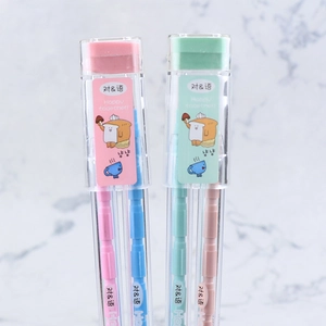 Detail of multi-functional stacking pencils with erasers and cartoon illustrations